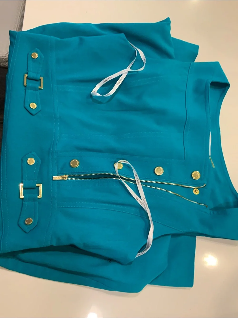 Calvin Klein Teal Sheath Dress with Gold Buttons